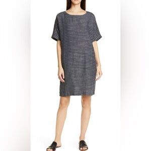 Eileen Fisher Graphite Gray & Blue Organic Linen Tunic Dress w/ Pockets- Size PL